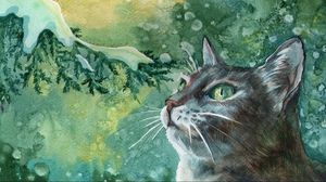Превью обои кот, краски, живопись, ветка, снег, зима, рисунок