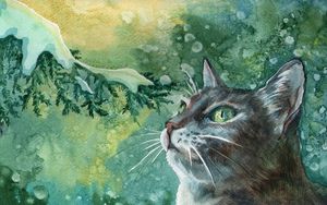 Превью обои кот, краски, живопись, ветка, снег, зима, рисунок