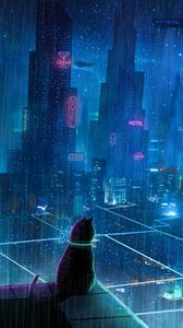 Превью обои кот, крыша, город, неоновые огни, мегаполис, будущее, киберпанк