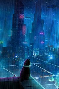 Превью обои кот, крыша, город, неоновые огни, мегаполис, будущее, киберпанк