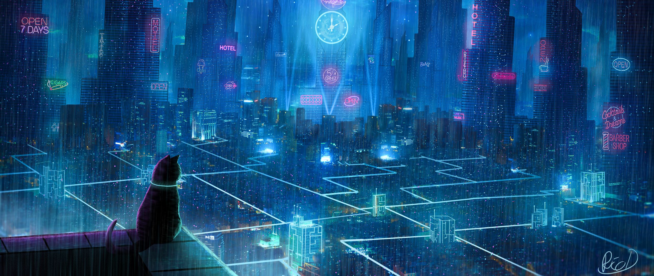 Город киберпанк на горизонте ночью