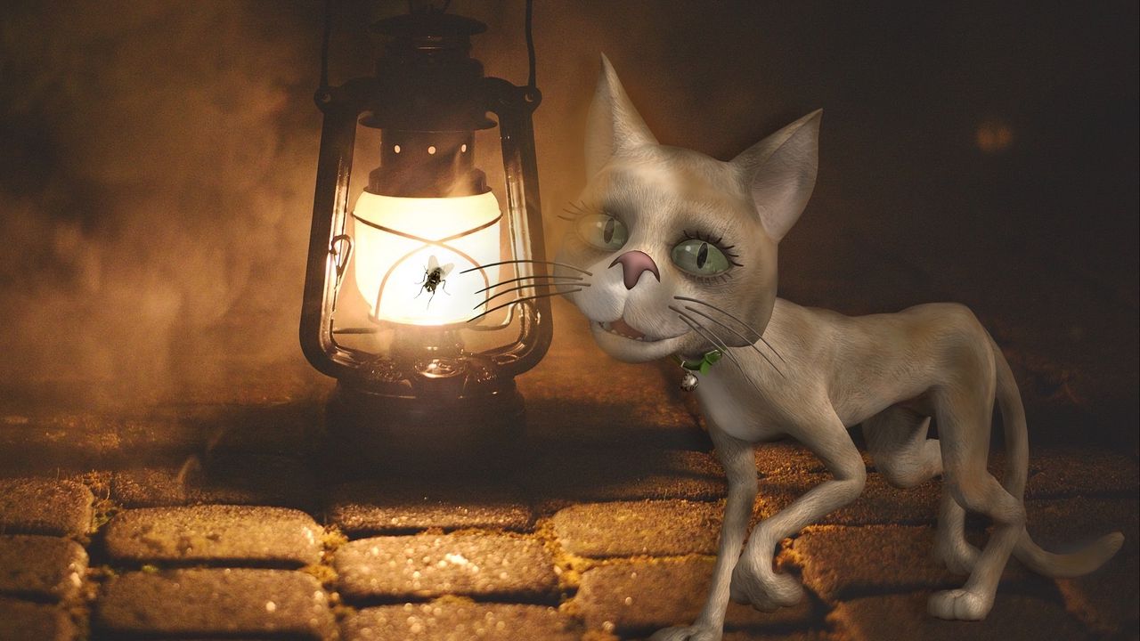 Обои кот, лампа, арт, муха