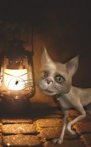Превью обои кот, лампа, арт, муха