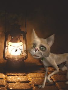 Превью обои кот, лампа, арт, муха
