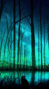 Превью обои кот, лес, озеро, ночь, арт