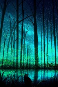 Превью обои кот, лес, озеро, ночь, арт