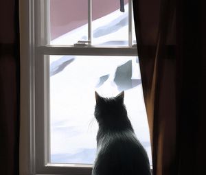 Превью обои кот, окно, зима, уют