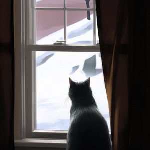 Превью обои кот, окно, зима, уют