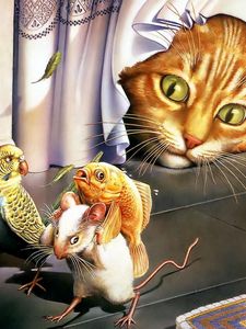 Превью обои кот, попугай, мышь, рыба, любопытство