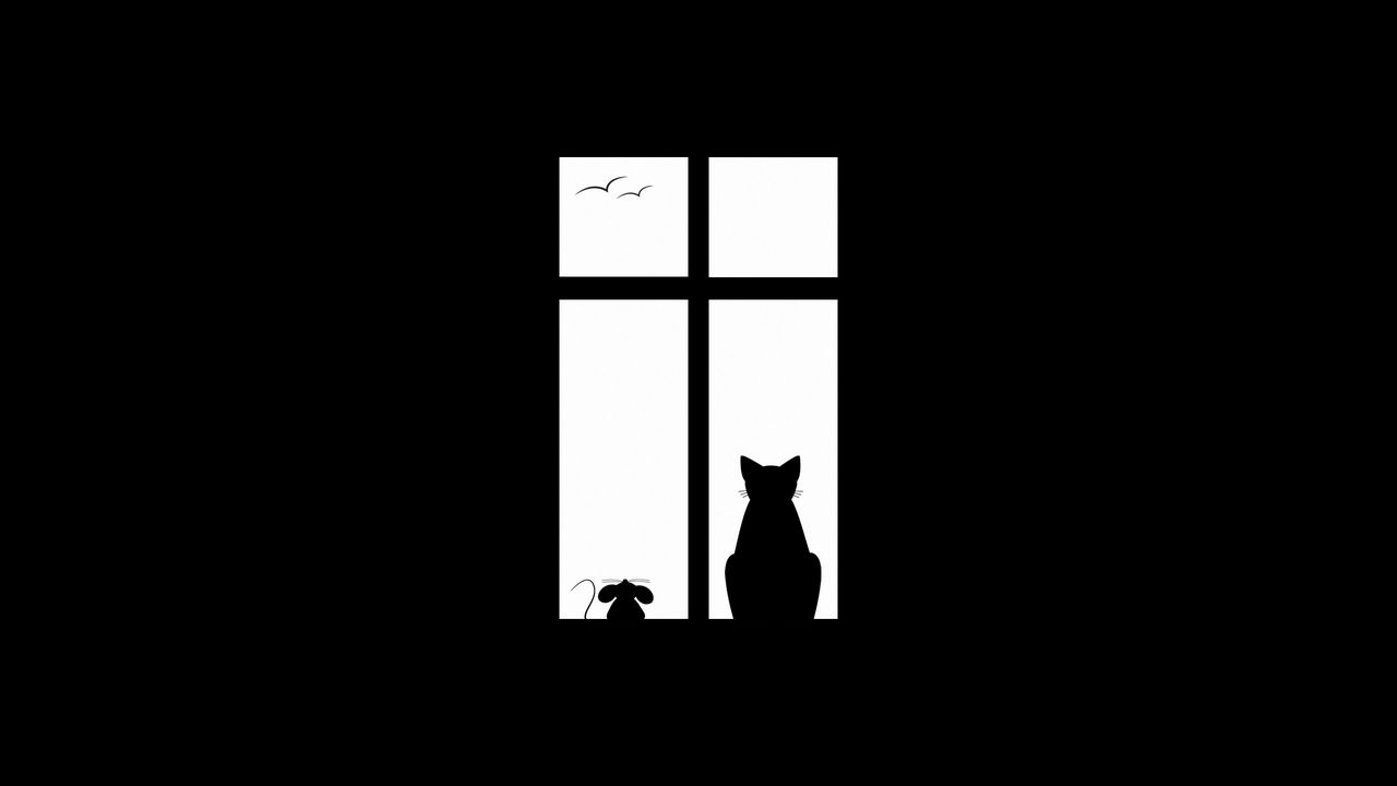 Обои кот, рисунок, окно, силуэт