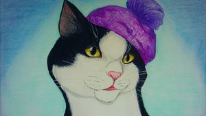 Превью обои кот, рисунок, шапка, картина
