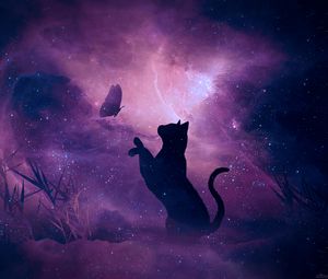 Превью обои кот, силуэт, бабочка, звездное небо, галактика, звезды, блеск