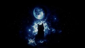 Превью обои кот, силуэт, луна, звездное небо, арт, фантазия