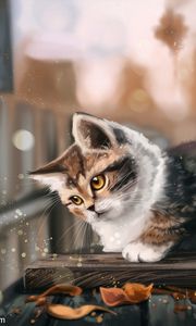 Превью обои котенок, кот, листья, осень, арт