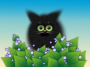 Превью обои котенок, листья, вектор, арт, цветы