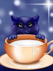 Превью обои котенок, молоко, чашка, арт, милый