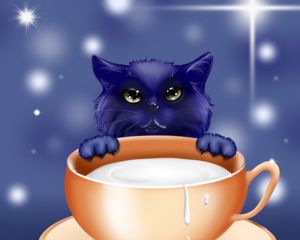Превью обои котенок, молоко, чашка, арт, милый