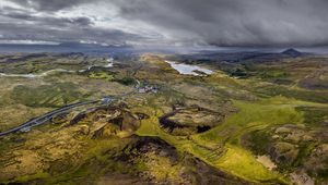 Превью обои кратеры, фьорды, пейзаж, вид сверху, исландия