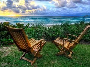 Превью обои кресла, берег, море, закат