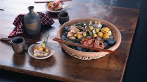 Превью обои креветки, овощи, морепродукты, посуда