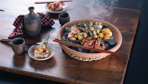 Превью обои креветки, овощи, морепродукты, посуда