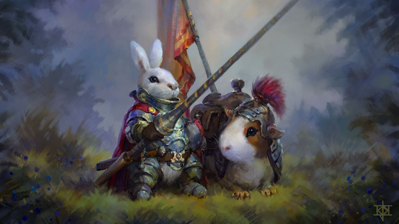 Обои кролик, морская свинка, рыцари, арт