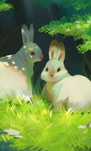Превью обои кролики, трава, милый, арт, анимация