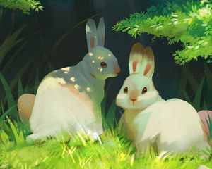 Превью обои кролики, трава, милый, арт, анимация