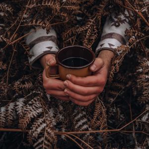 Превью обои кружка, руки, папоротник, снег