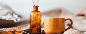 Превью обои кружка, ваза, ветка, букет, коричневый