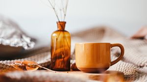 Превью обои кружка, ваза, ветка, букет, коричневый