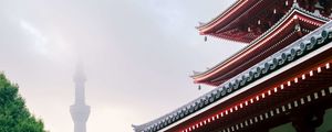 Превью обои крыши, башня, архитектура, туман