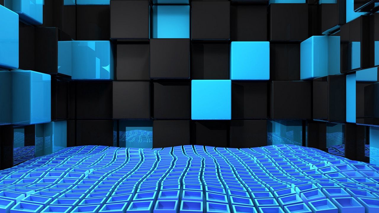 Обои куб, квадраты, пространство, синий, черный