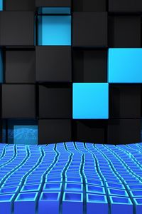 Превью обои куб, квадраты, пространство, синий, черный