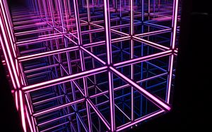 Превью обои куб, неон, свет, отражение, фиолетовый, темный