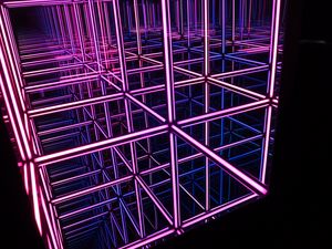 Превью обои куб, неон, свет, отражение, фиолетовый, темный