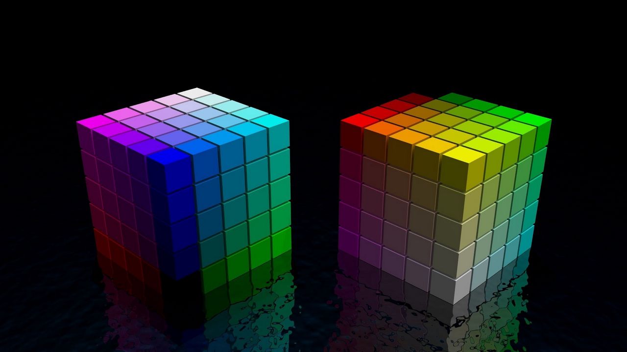 Обои кубик, куб, разноцветный, яркий, черный, пространство