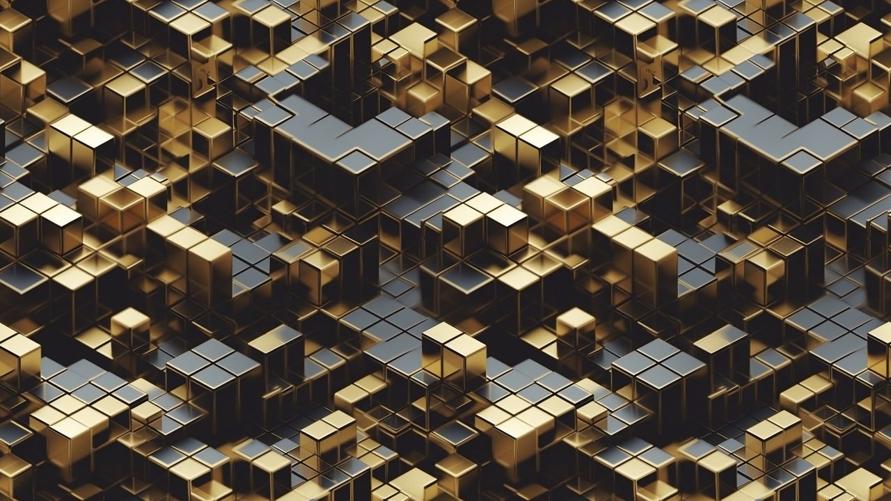Обои кубики, фигуры, грани, золотой, абстракция