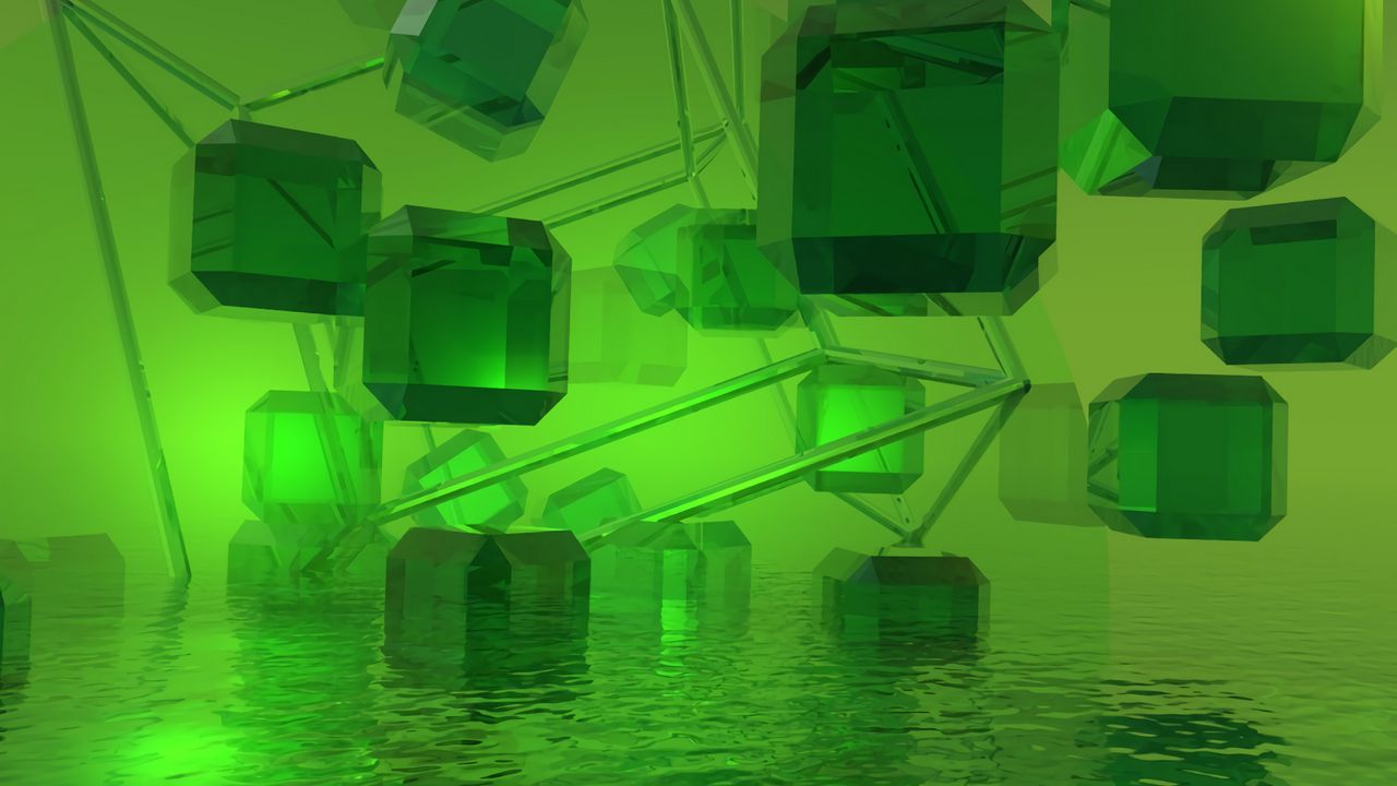 Обои кубы, кристаллы, 3d, зеленый, вода, свет