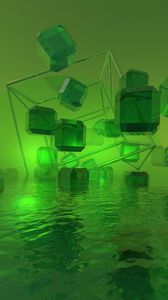 Превью обои кубы, кристаллы, 3d, зеленый, вода, свет