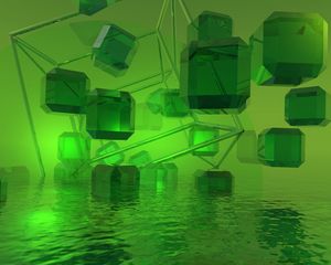 Превью обои кубы, кристаллы, 3d, зеленый, вода, свет