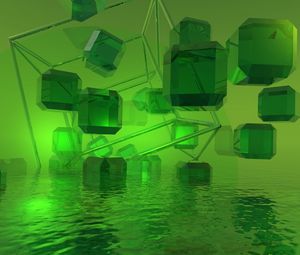 Превью обои кубы, кристаллы, 3d, зеленый, вода, свет