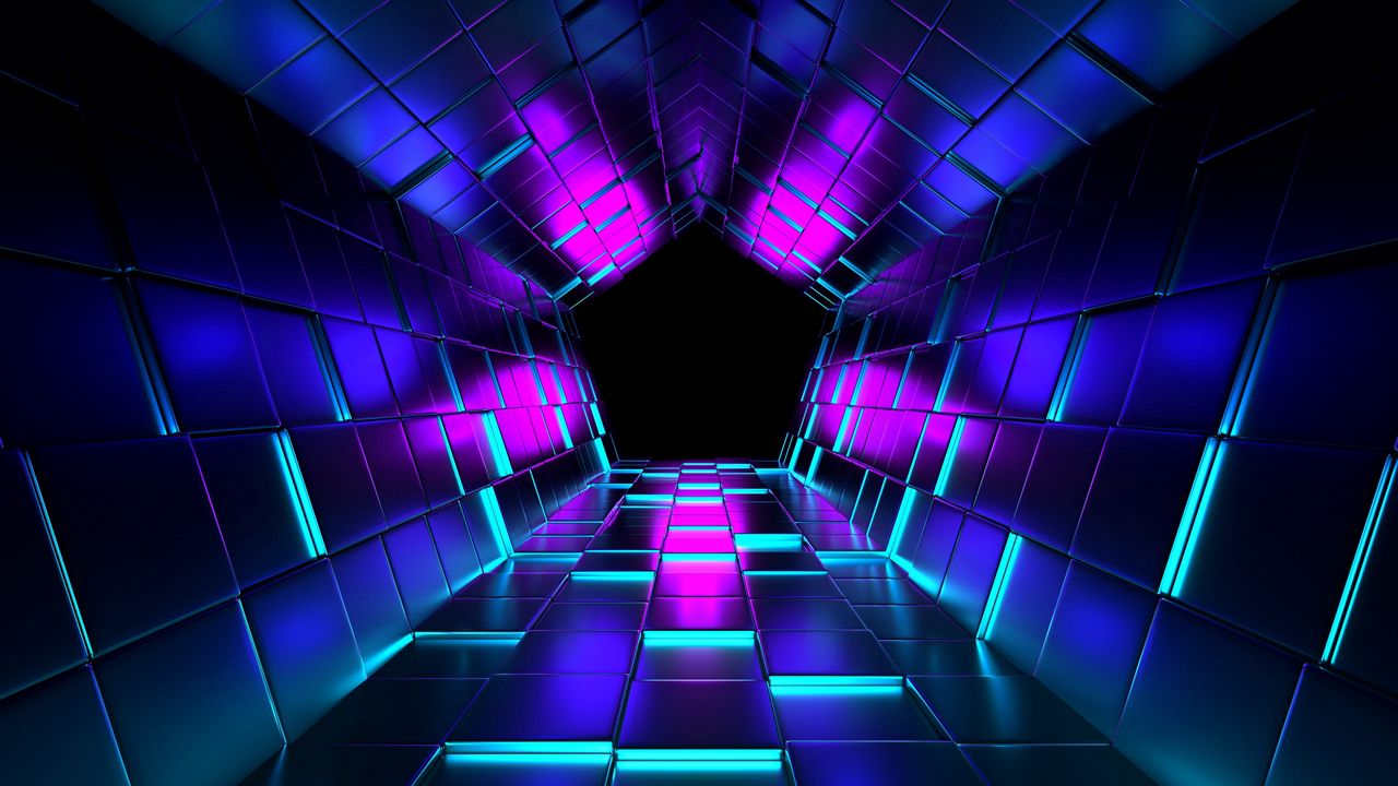 Обои кубы, рендеринг, туннель, пурпурный
