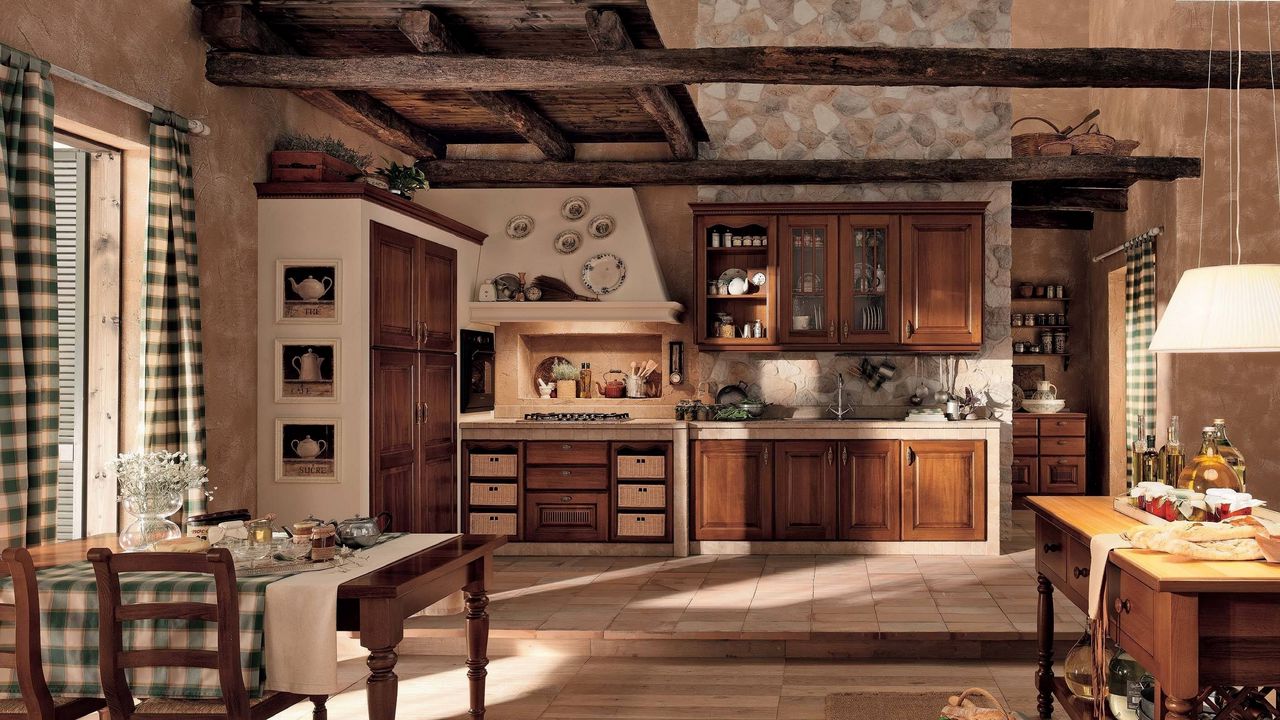 Обои кухня, старинный, интерьер, мебель, деревянный