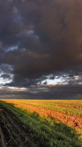 Превью обои кукуруза, поле, небо, панорама, пашня, облака, тучи