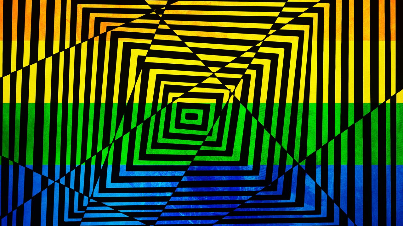 Обои квадраты, полосы, фигуры, иллюзия, разбитый, разноцветный, абстракция