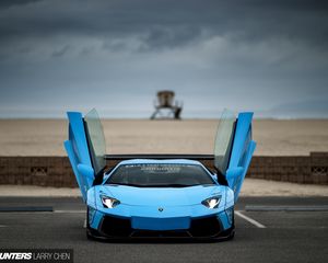 Превью обои lamborghini, aventador, голубой, вид спереди