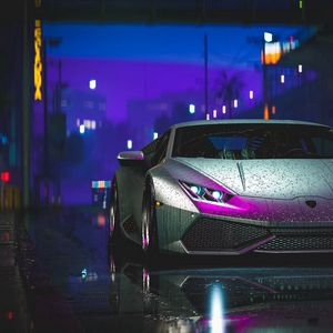 Превью обои lamborghini aventador, lamborghini, машина, спорткар, серый, мокрый, улица, ночь