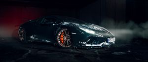 Превью обои lamborghini aventador, lamborghini, спорткар, снег, обледенелый, черный, темный, вид сбоку