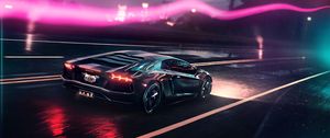 Превью обои lamborghini aventador, lamborghini, спорткар, серый, вид сбоку, трасса, ночь, огни